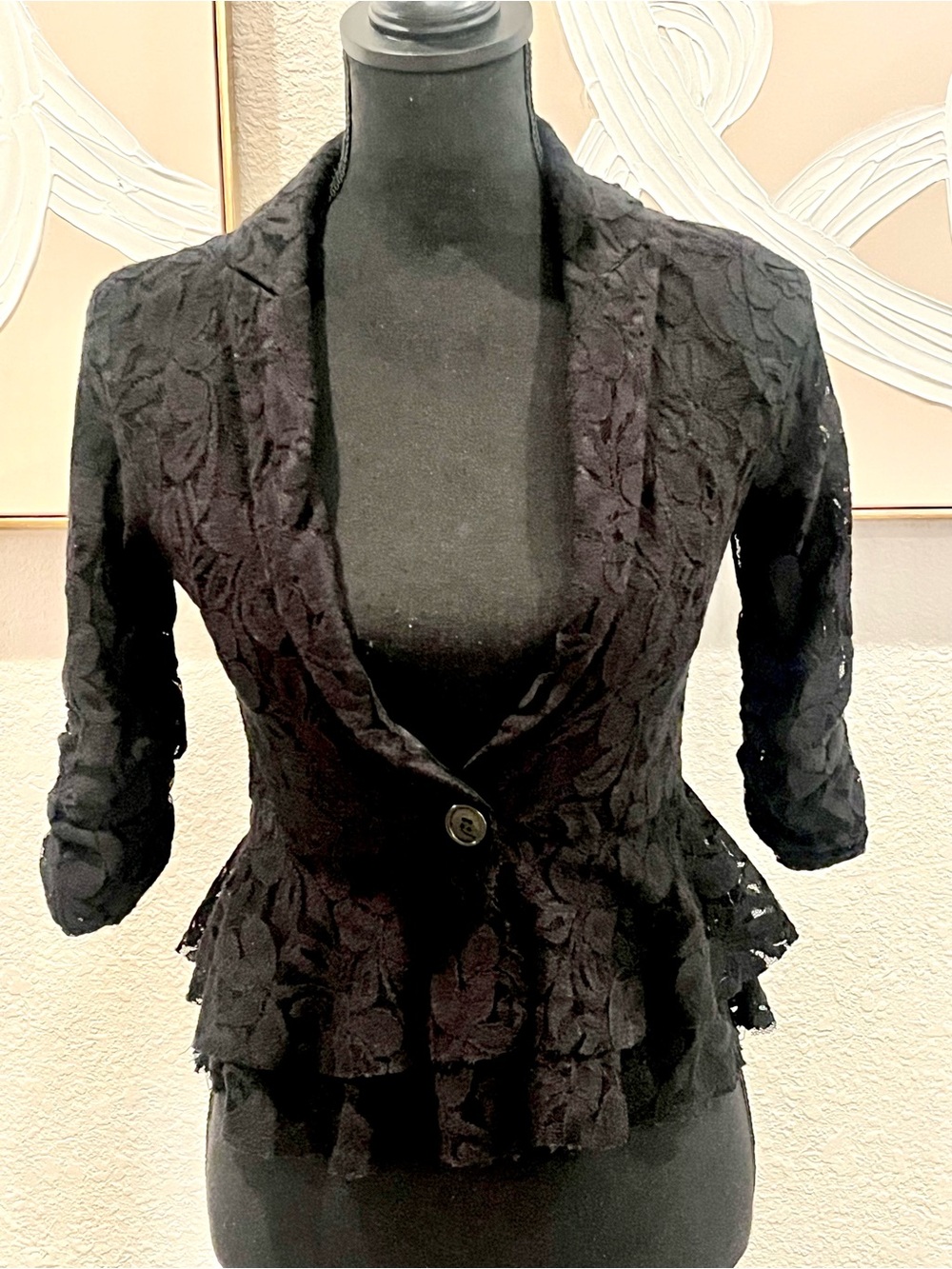 Black Lace Peplum Blazer with Single-Button Closure